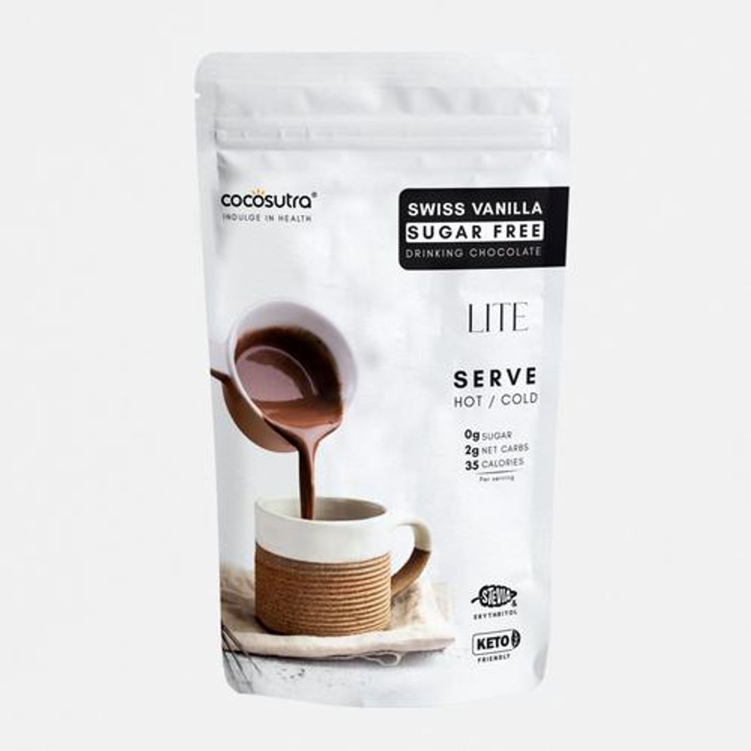 Lite - Sugar Free Drinking Chocolate, Swiss Vanilla, Serve Hot & Cold, With Stevia, Keto Friendly, Makes Smoothies & Shakes