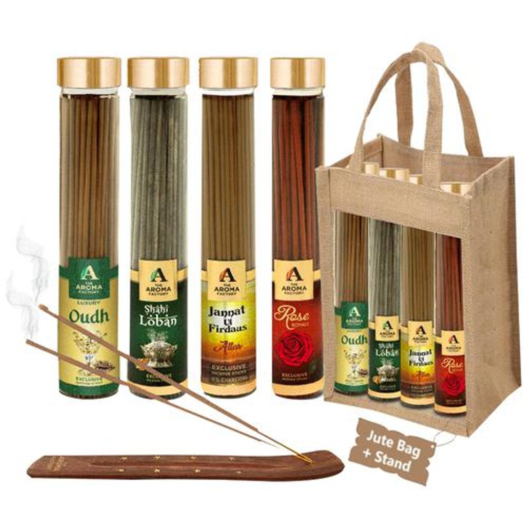 Incense Sticks/Agarbatti - With Jute Bag & Stand, Oudh, Loban, Attar Jannat, Rose