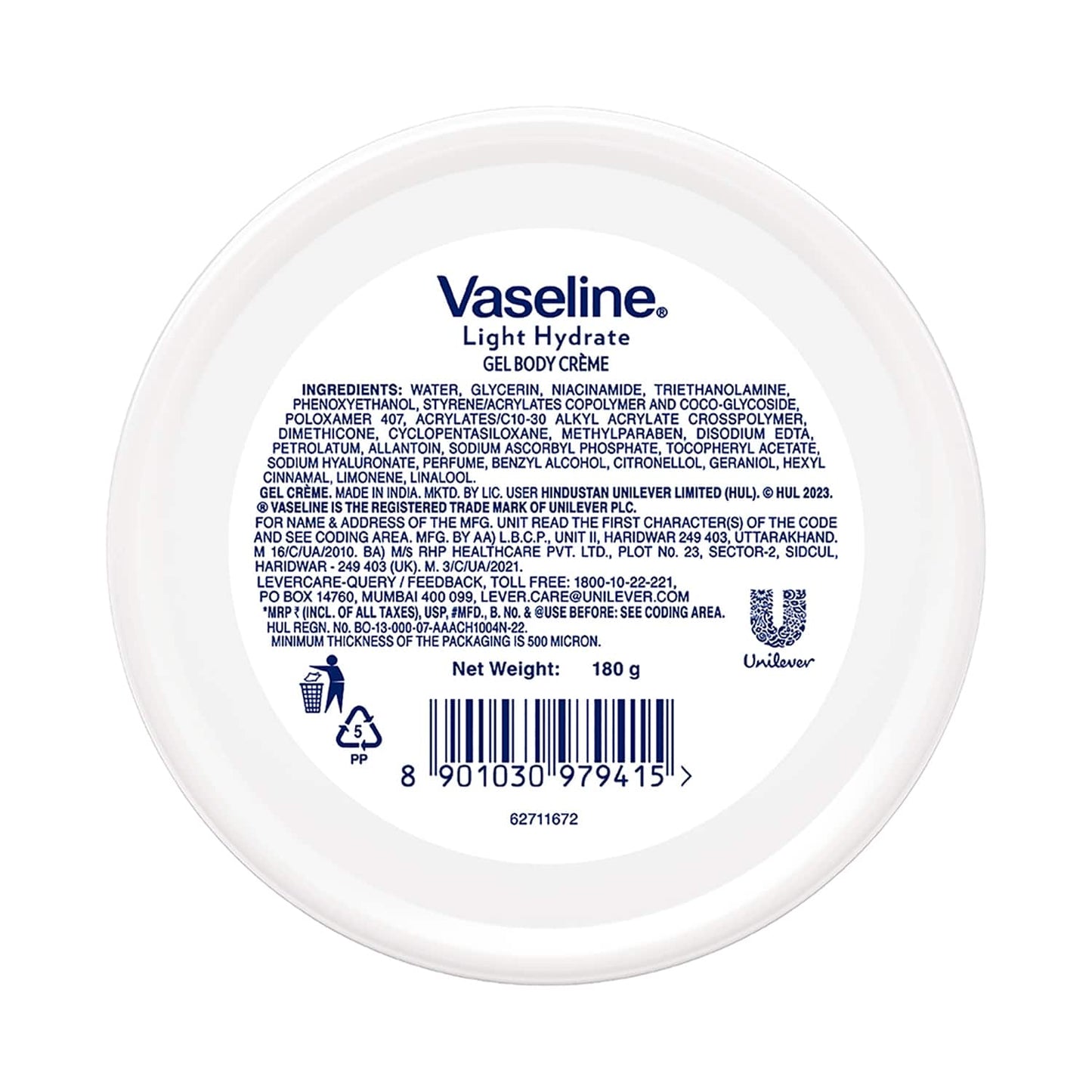 Vaseline Light Hydrate Gel Body Creme with Hyaluronic Acid & Vitamin C for Hydrated Skin (180g)