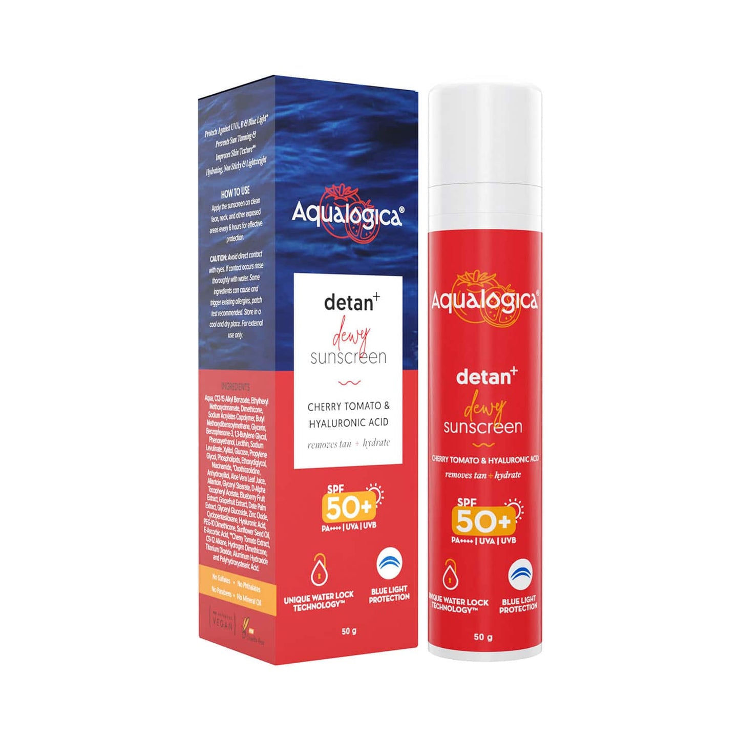 Aqualogica Detan + Dewy Sunscreen With Cherry Tomato & Hyaluronic Acid SPF 50+ PA++ (50g)