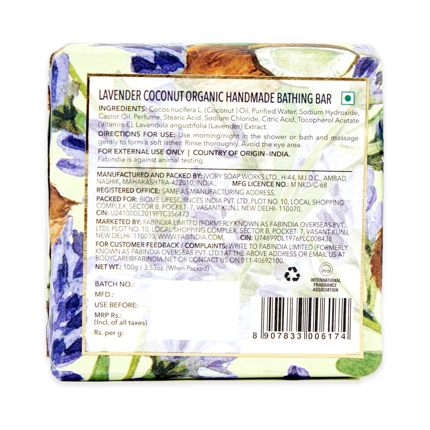 Fabessentials by Fabindia Lavender Coconut 100% Organic Handmade Bathing Bar With Goodness Of Vitamin E (100g)