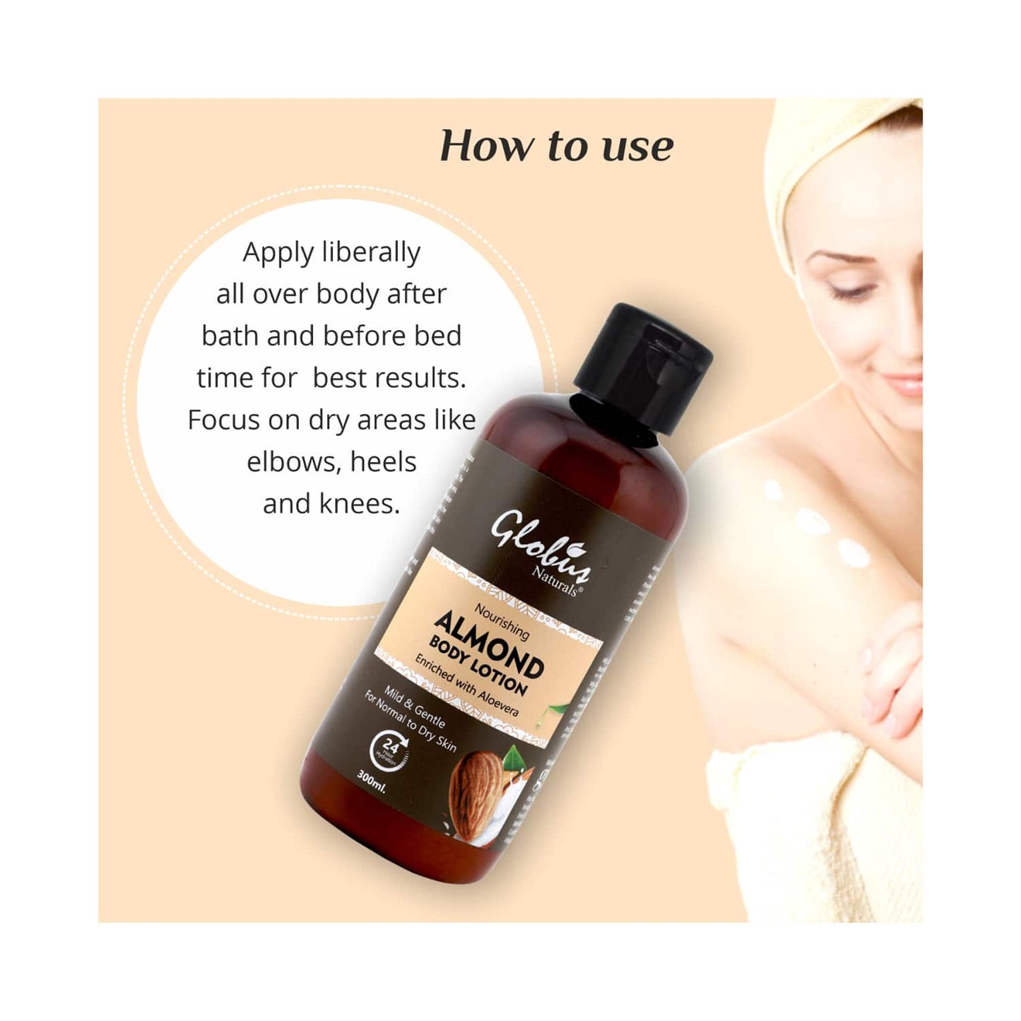 Globus Naturals Nourishing Almond Body Lotion Enriched With Aloe Vera, Coconut, Kokum Butter (300ml)