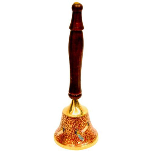 Brass Mandir Bell With Wooden Handle - Elegant, Premium, Durable, Red