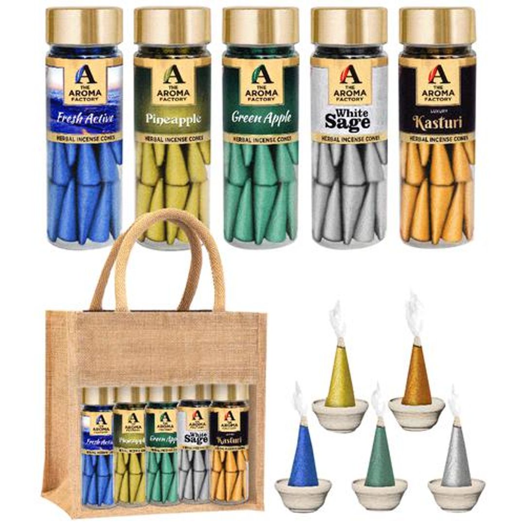Herbal Incense/Dhoop Cones - Green Apple, Pineapple, Fresh Active, White Sage & Kasturi