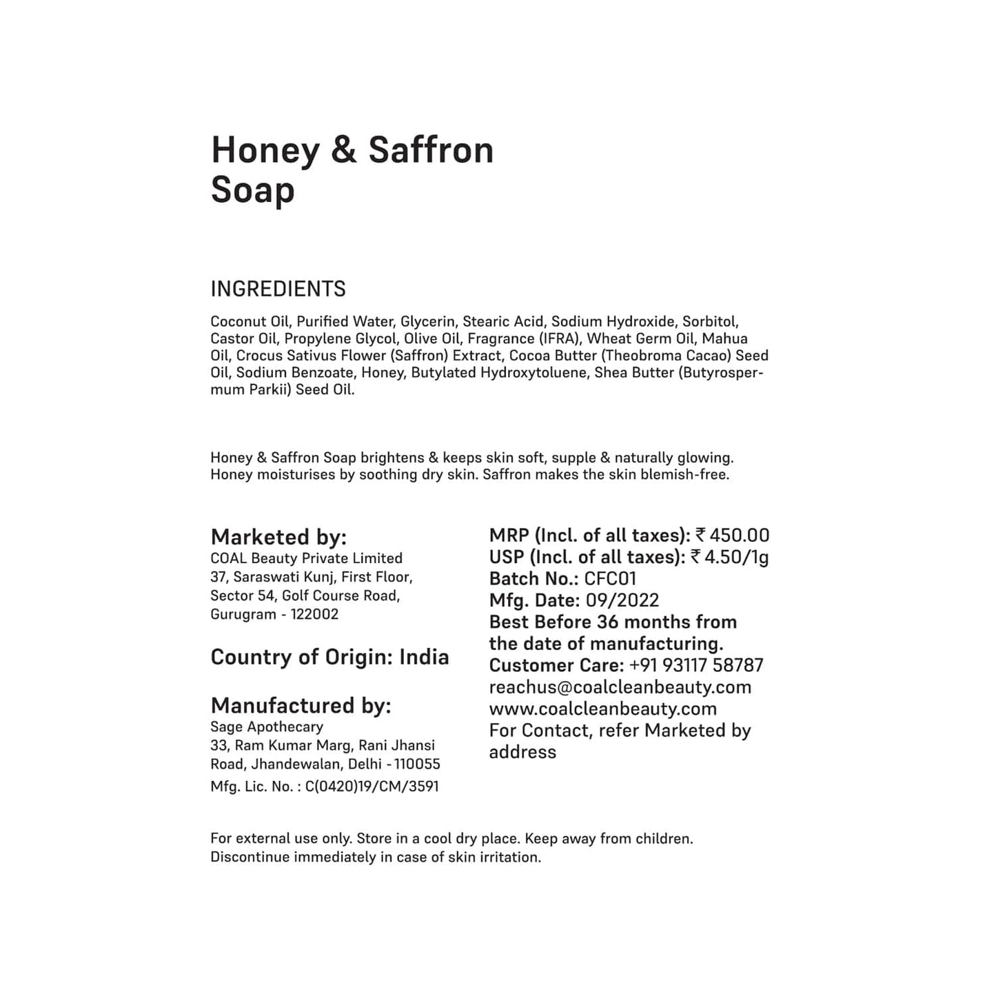 COAL CLEAN BEAUTY Honey & Saffron Soap (100g)