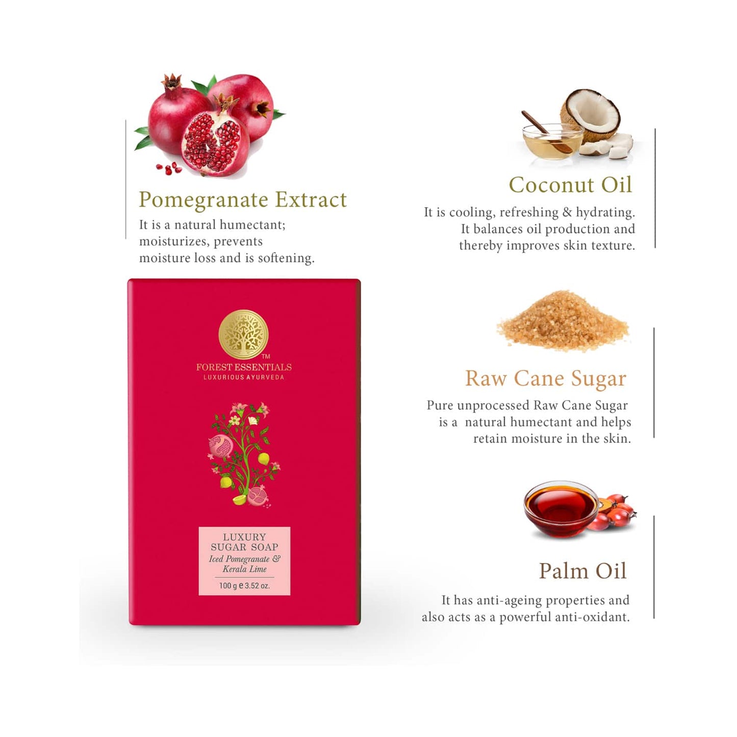 Forest Essentials Iced Pomegranate & Kerala Lime Luxury Sugar Ayurvedic Handmade Soap (100g)