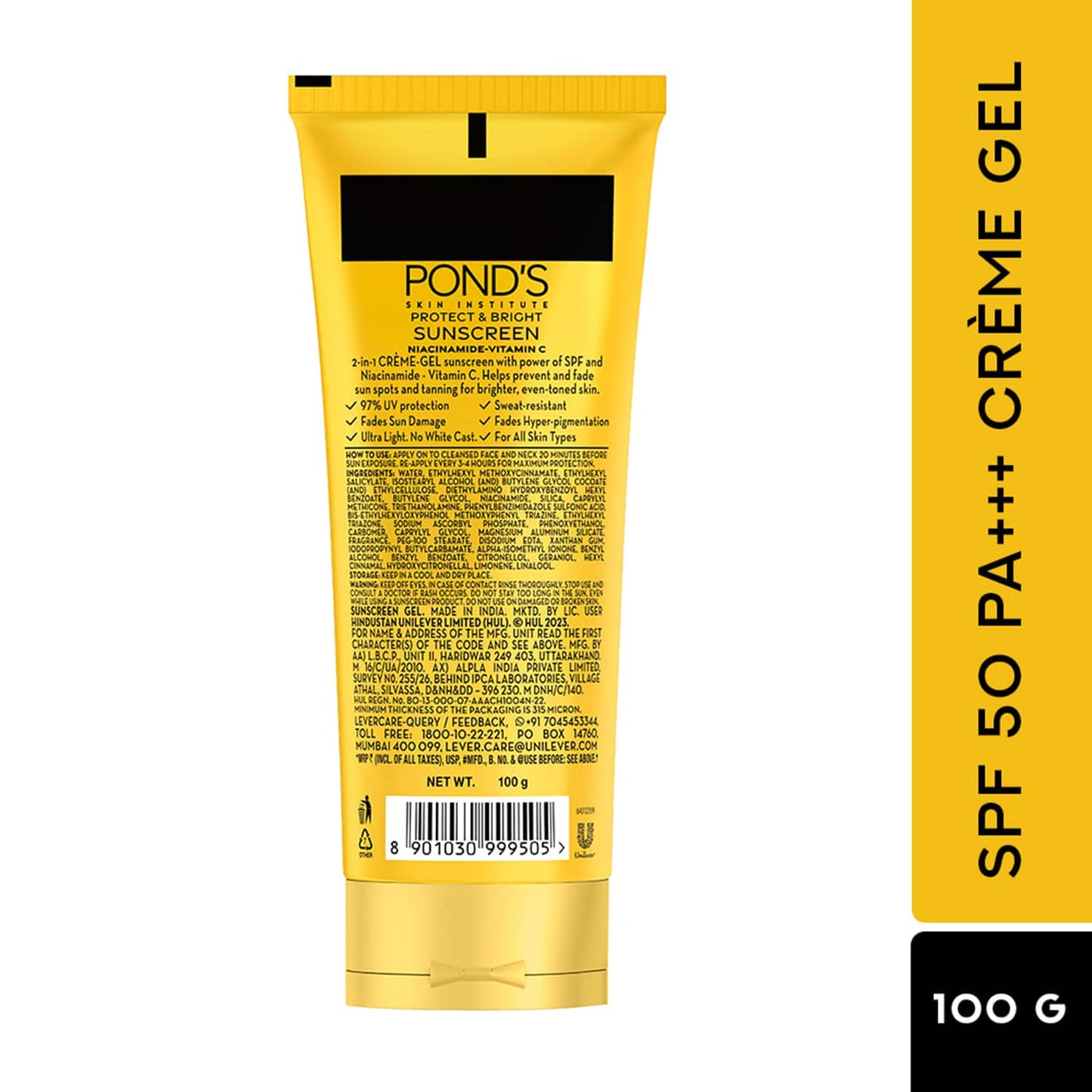 Pond's Sun Miracle SPF 50 PA+++ Creme Gel Sunscreen - Protect & Bright, With Niacinamide (50 g)