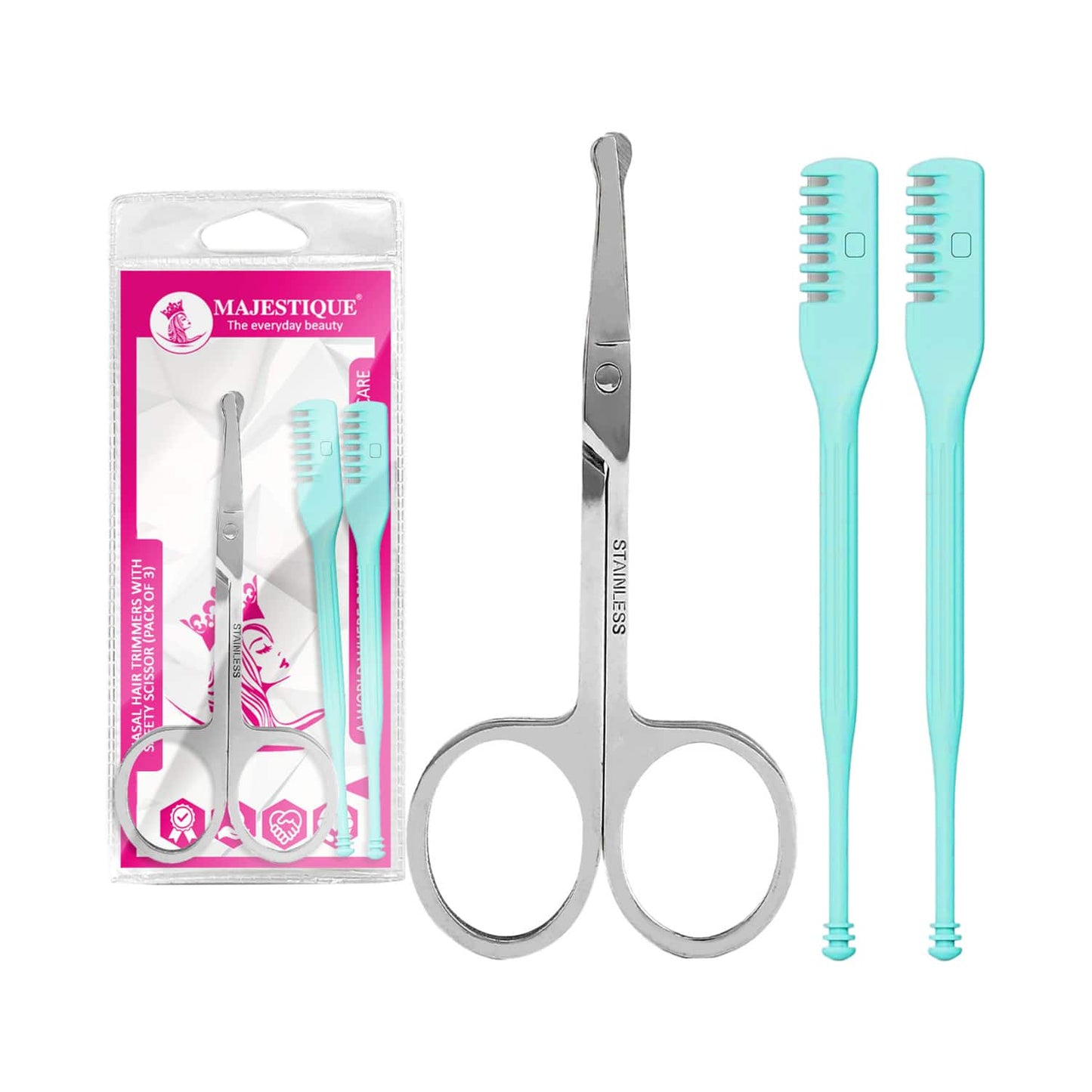Majestique Nasal Hair Trimmers with Safety Scissor Nose and Ears Grooming Kit (3 pcs)