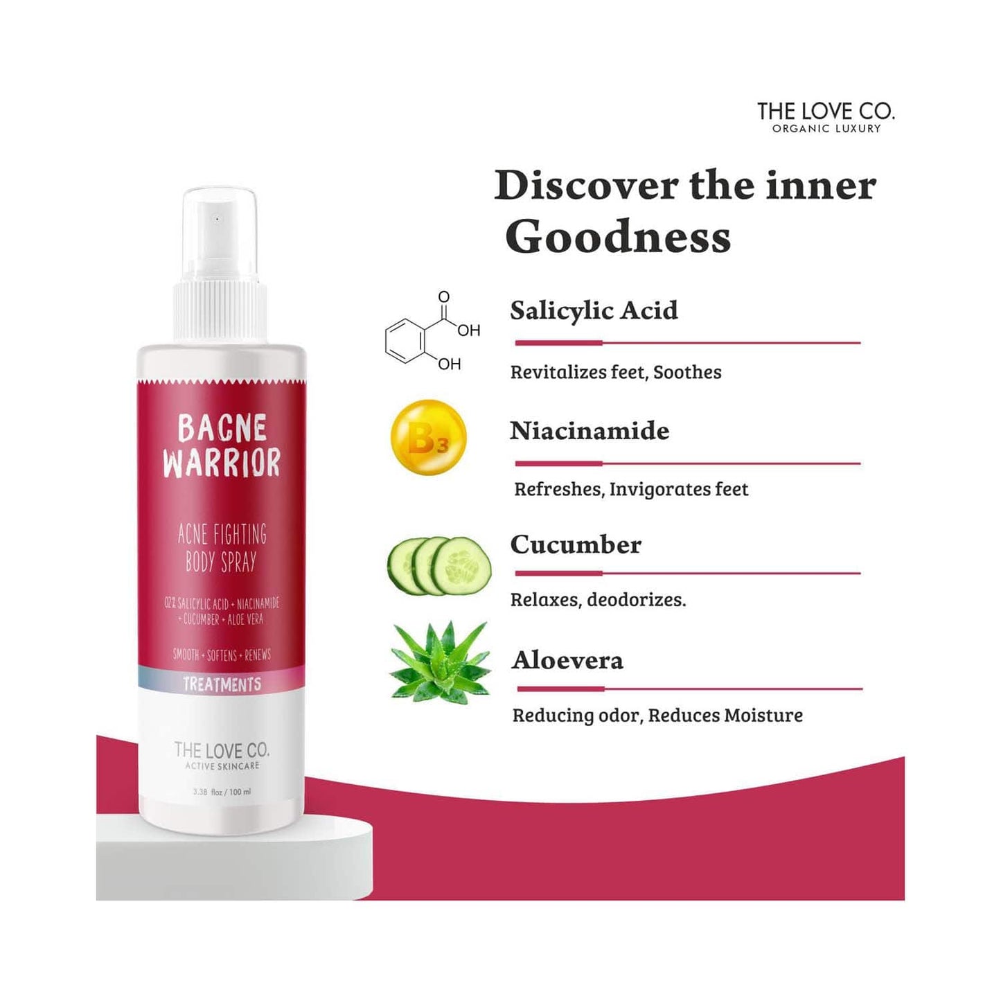 THE LOVE CO. Bacne Warrior Acne Fighting Body Spray With 02% Salicylic Acid + Niacinamide (100ml)