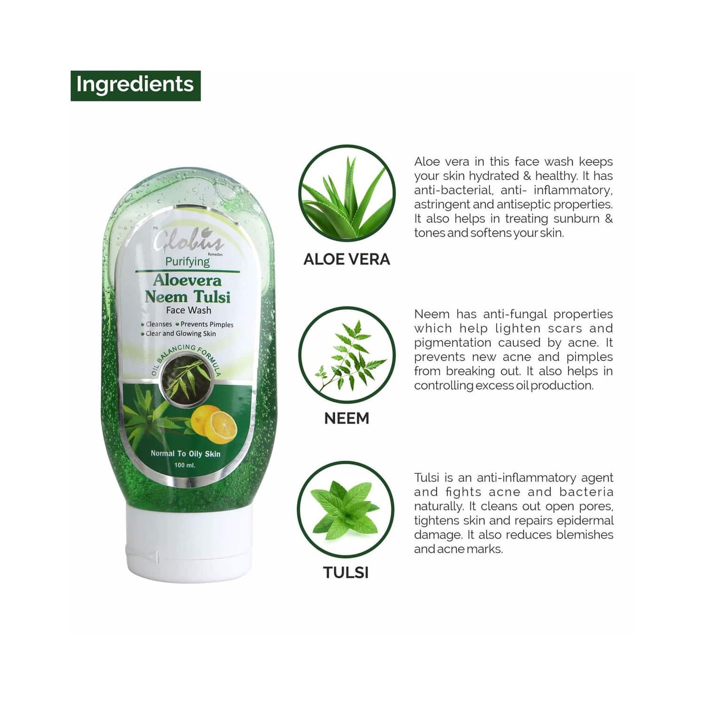 Globus Remedies Aloe Vera Neem & Tusli Face Wash (100ml)