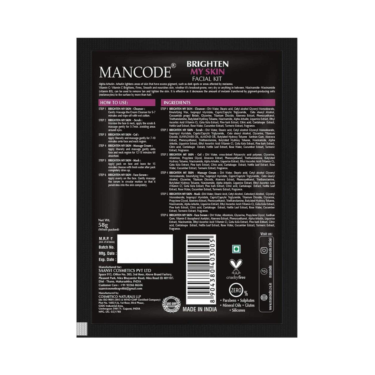 Mancode Skin Brightening Facial Kit For Men (6 pcs)