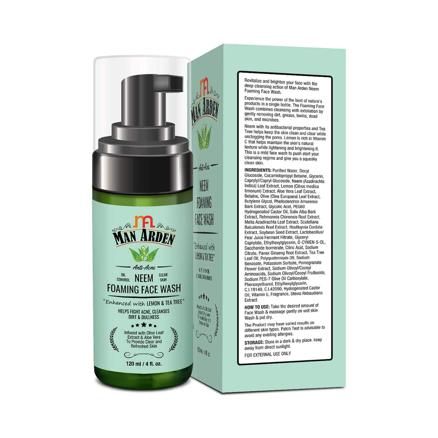 Man Arden Anti-Acne Neem Foaming Face Wash Helps Fight Acne, Cleanses Dirt & Dullness Infused With Olive Leaf Extract & Aloe Vera (120ml)