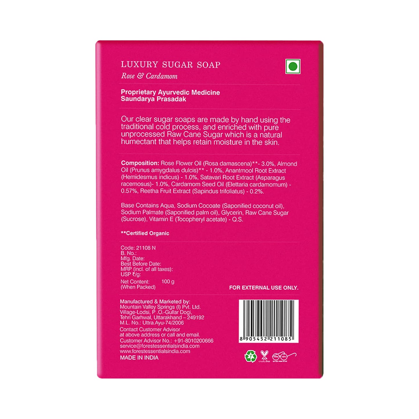 Forest Essentials Rose & Cardamom Luxury Sugar Ayurvedic Handmade Soap (100g)