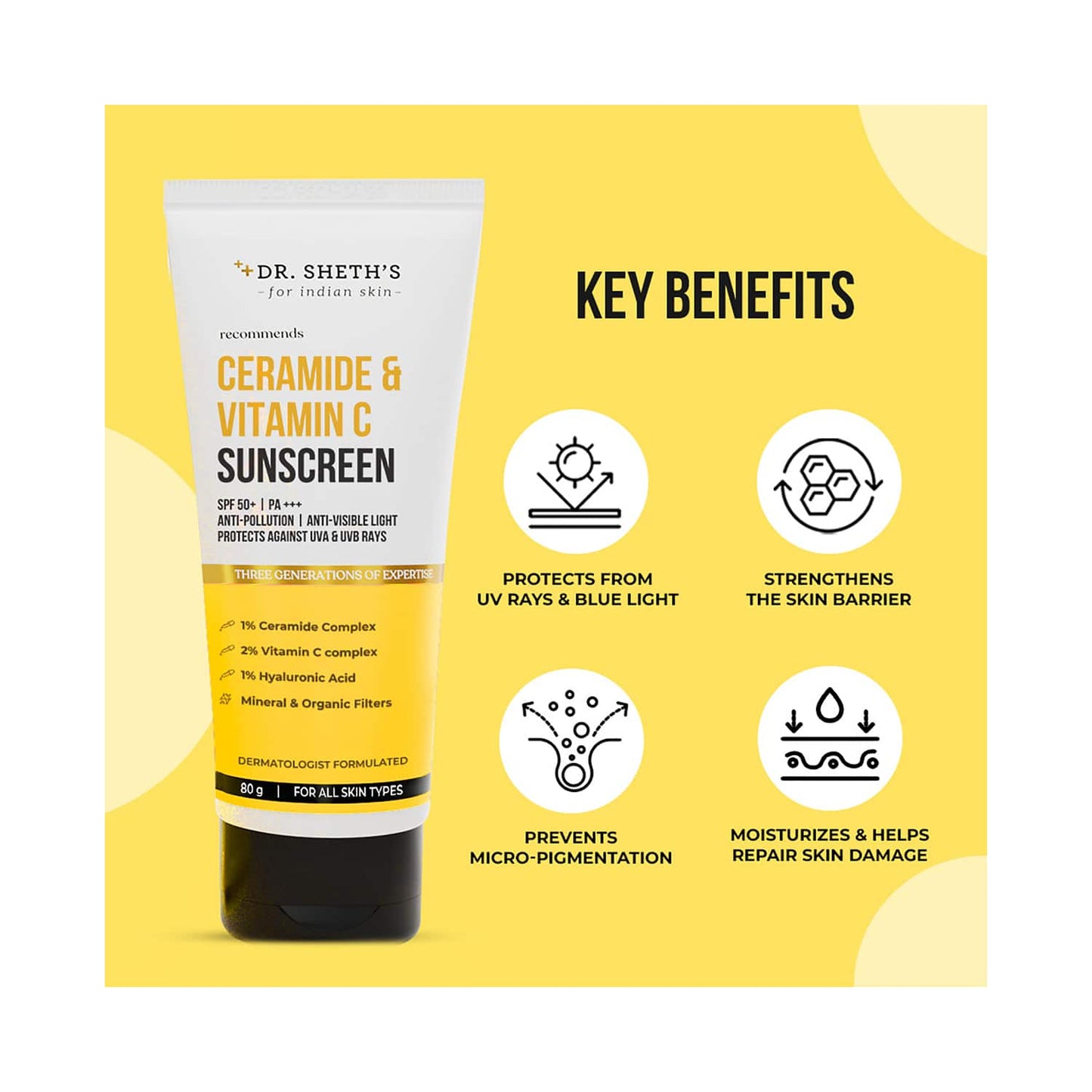Dr. Sheth's Ceramide & Vitamin C Sunscreen SPF 50 PA+++ (80g)