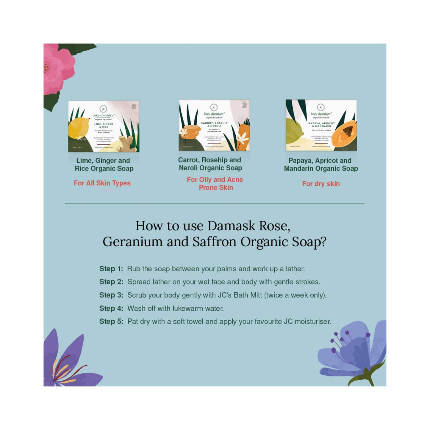 Juicy Chemistry Damask Rose Geranium & Saffron Soap (100g)