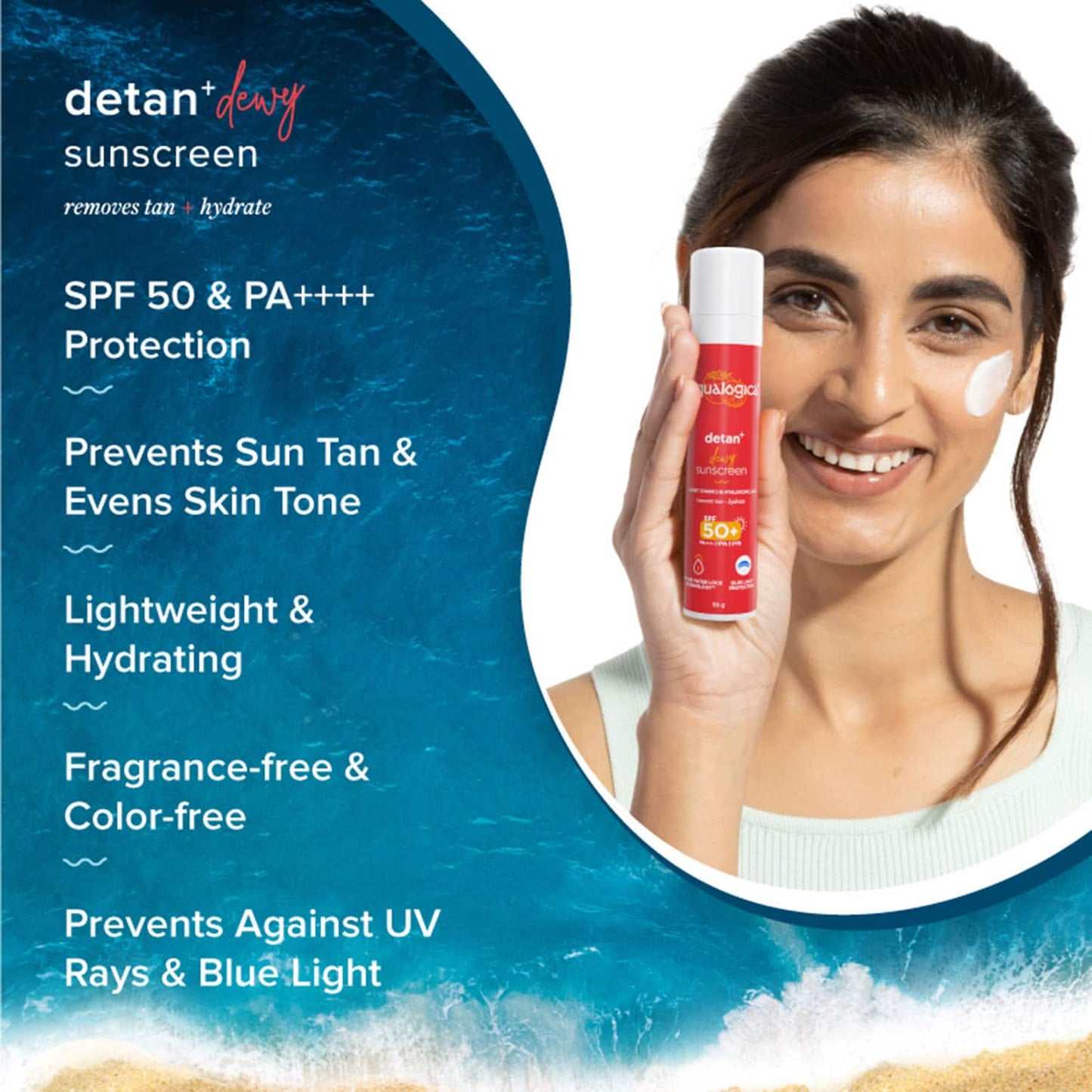 Aqualogica Detan + Dewy Sunscreen With Cherry Tomato & Hyaluronic Acid SPF 50+ PA++ (50g)