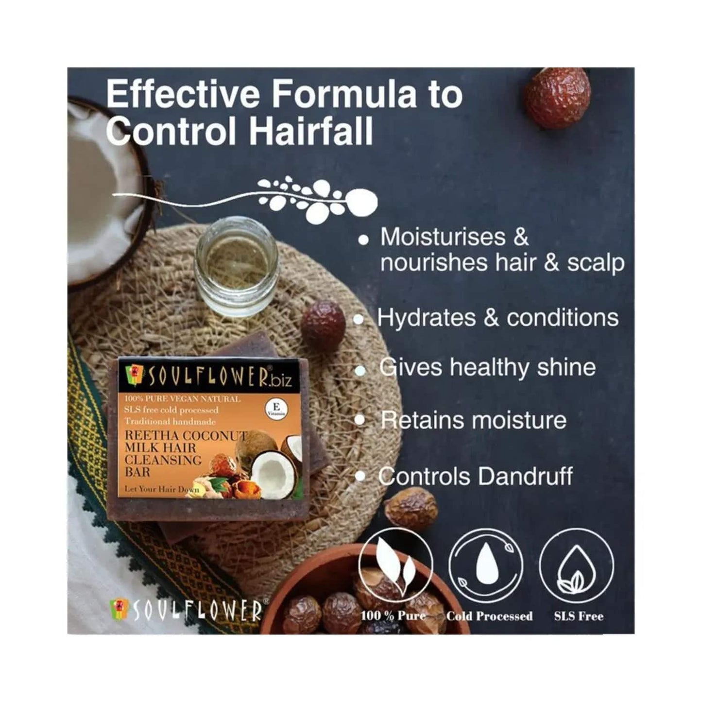 Soulflower Reetha Coconut Milk Hair Cleansing Bar Soap - (150g)