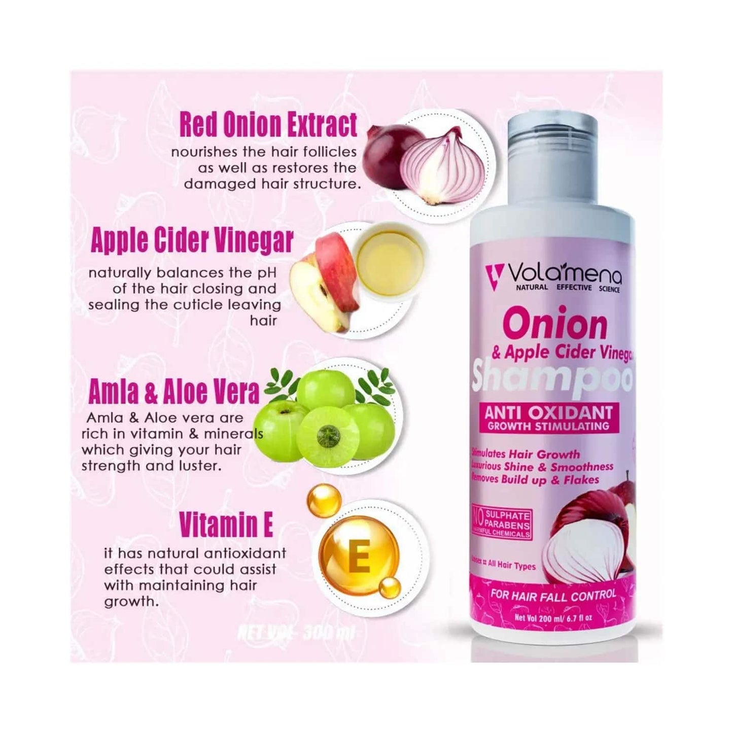 Volamena Onion Apple Cider Vinegar Shampoo With Antioxidant Growth Stimulating (200ml)