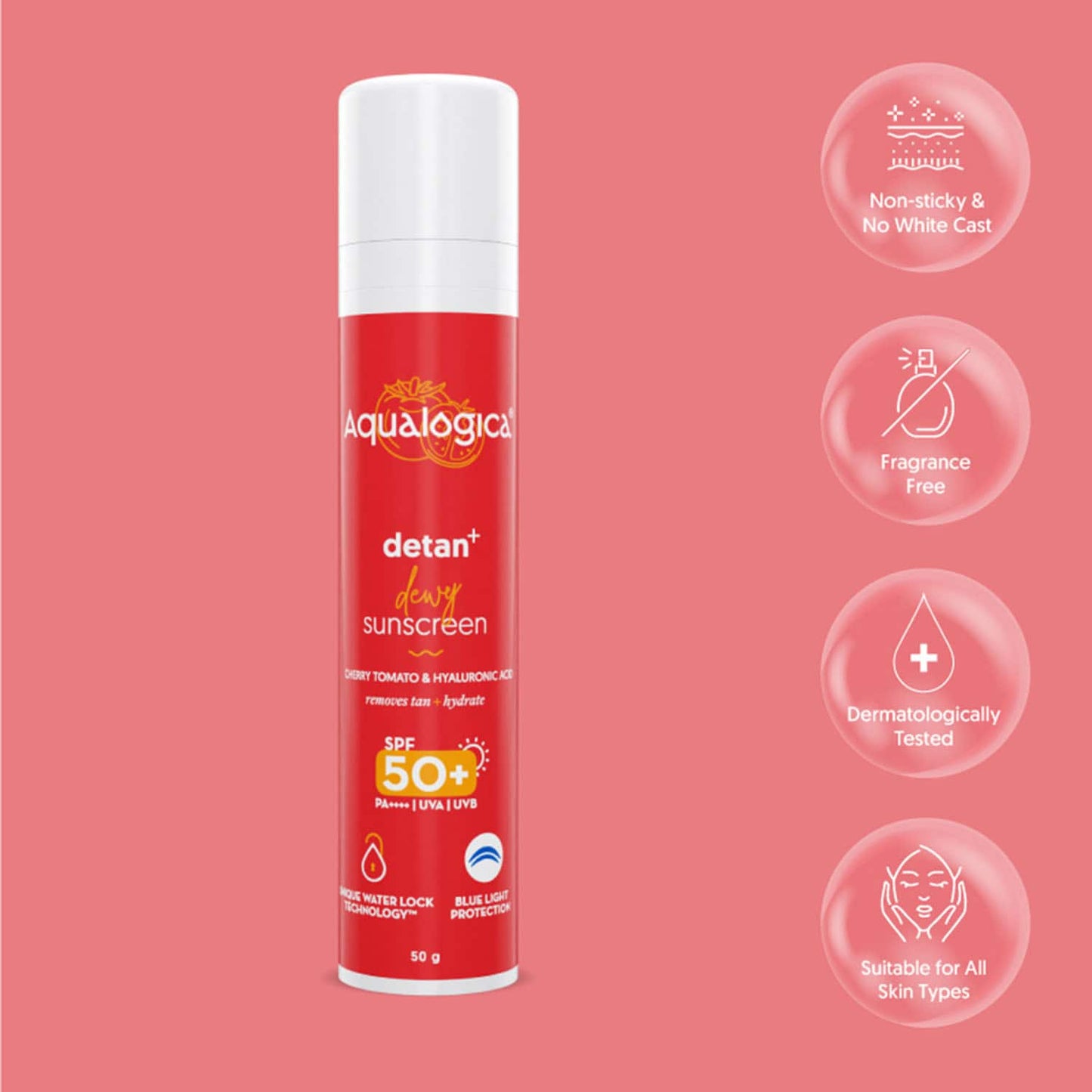Aqualogica Detan + Dewy Sunscreen With Cherry Tomato & Hyaluronic Acid SPF 50+ PA++ (50g)